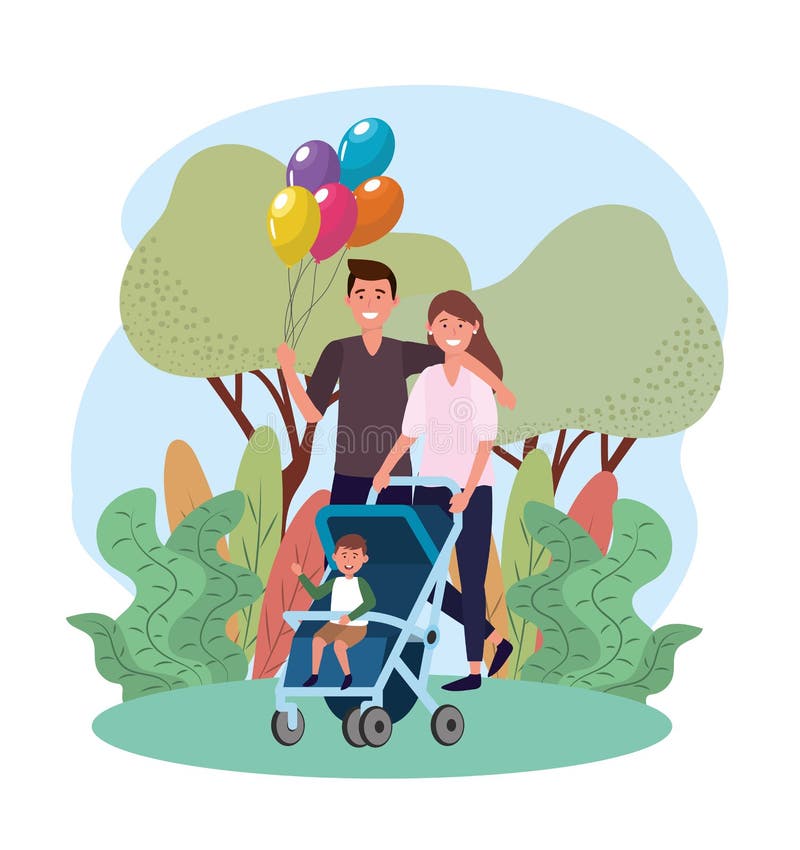 Man en vrouwenpaar met hun zoon in de wandelwagen royalty-vrije illustratie Man en vrouwenpaar met hun zoon in de wandelwagen royalty-vrije illustratie