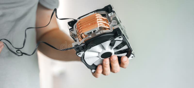 Man engineer,collector. Independent self computer assembly. Mounting in sockets processor,random access memory RAM royalty free stock images