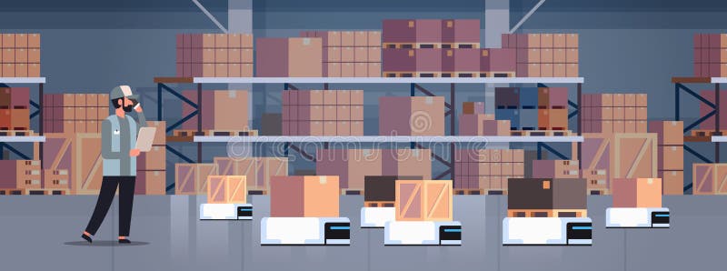 Man engineer controlling robot car delivery product factory automation production concept modern warehouse room interior vector illustration Man engineer controlling robot car delivery product factory automation production concept modern warehouse room interior vector illustration