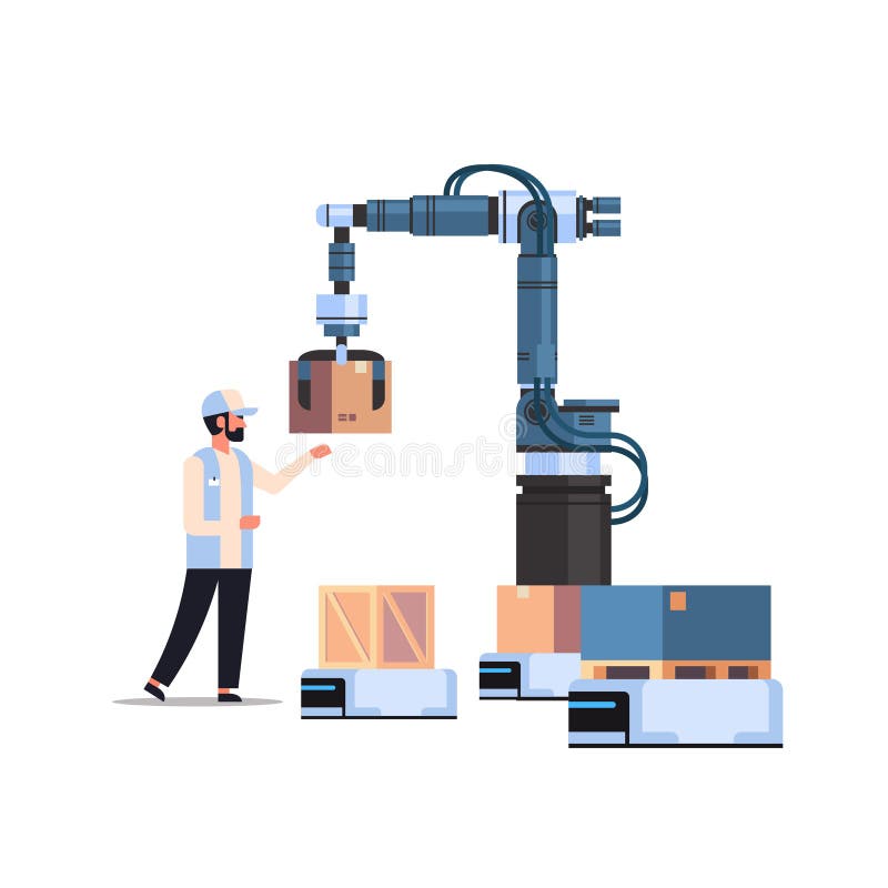 Man engineer controlling robotic hand putting boxes on robot product deliver factory automation production concept stock illustration Man engineer controlling robotic hand putting boxes on robot product deliver factory automation production concept stock illustration
