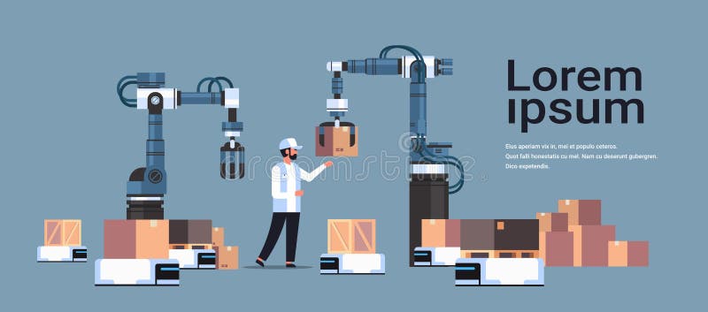 Man engineer controlling robotic hands putting boxes on robot car product deliver factory automation production concept vector illustration Man engineer controlling robotic hands putting boxes on robot car product deliver factory automation production concept vector illustration