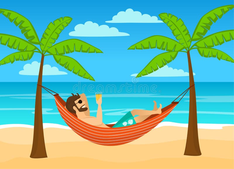 Un om care se bucură de vacanțe de vară în Hammock sub palmieri royalty free illustration
