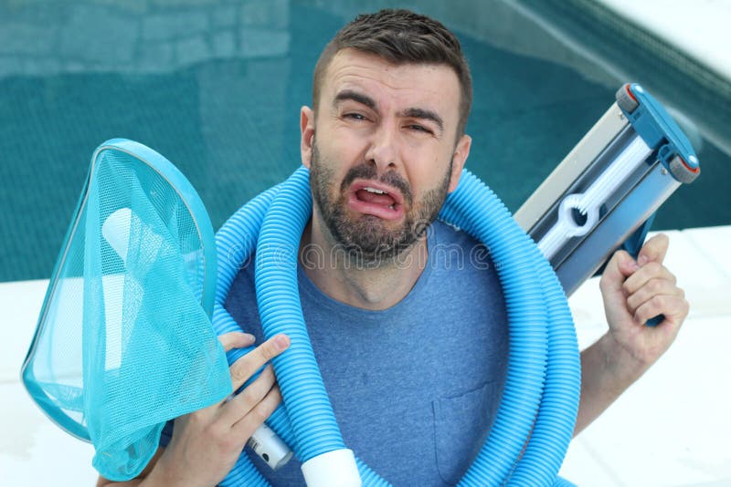 Man Experimenting Problems with Swimming Pool Maintenance Stock Image