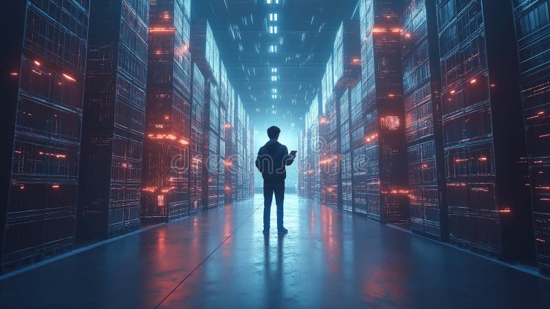 Man exploring futuristic data center with illuminated servers and digital screens stock image