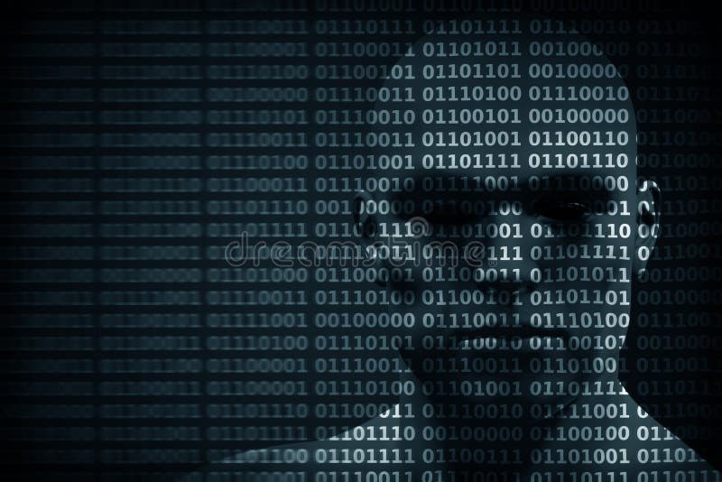 Man face blended with binary code digits. Concept of hacker, data protection etc. stock illustration