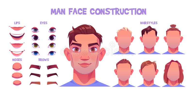 Man face constructor, avatar of male character. Man face constructor, avatar of caucasian male character creation heads, hairstyle, nose, eyes with eyebrows and