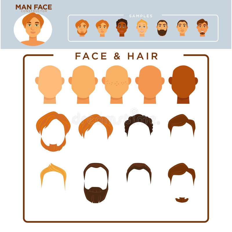 Man Face Constructor with Sample of Modern Hairstyles Stock Vector -  Illustration of haircut, face: 100544329