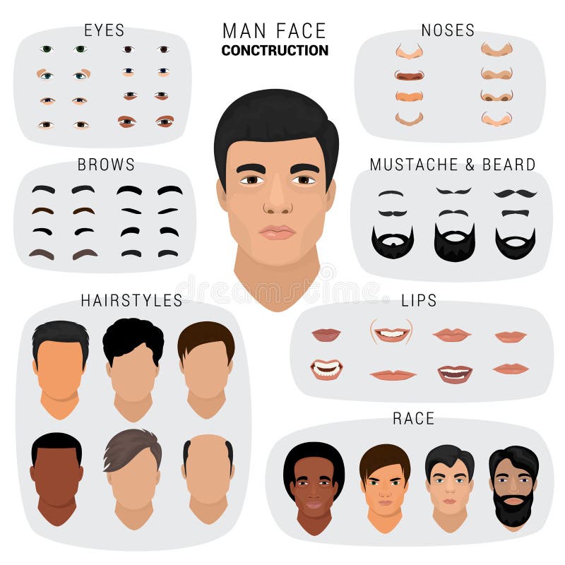 Man face constructor vector male character avatar creation head skin nose eyes with mustache and beard illustration set