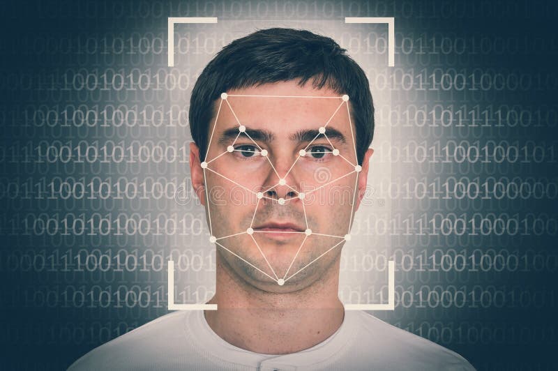 Man face recognition - biometric verification concept stock photos