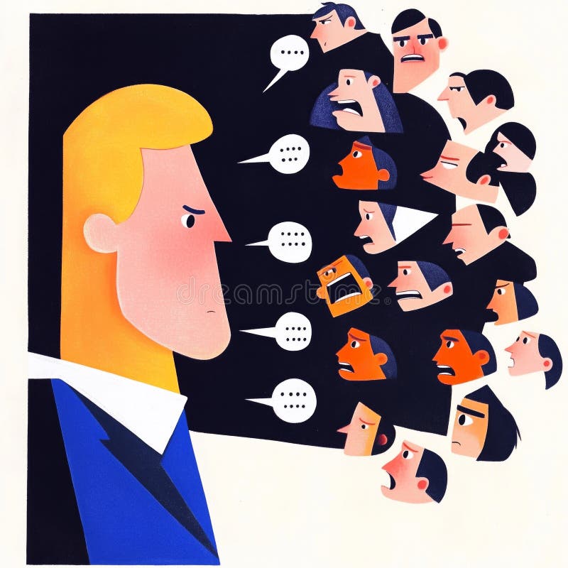Man facing confrontation with multiple angry faces in abstract style stock photos