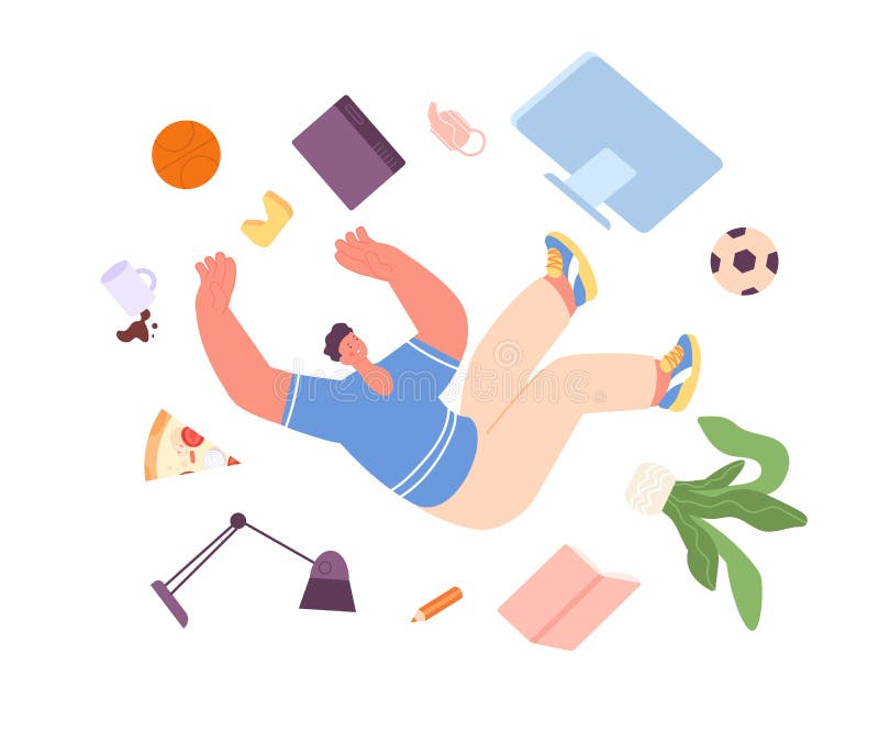 Man falling down. Office guy accident, person doing error in work. Life crisis, failure or problems. Male flying with stock illustration
