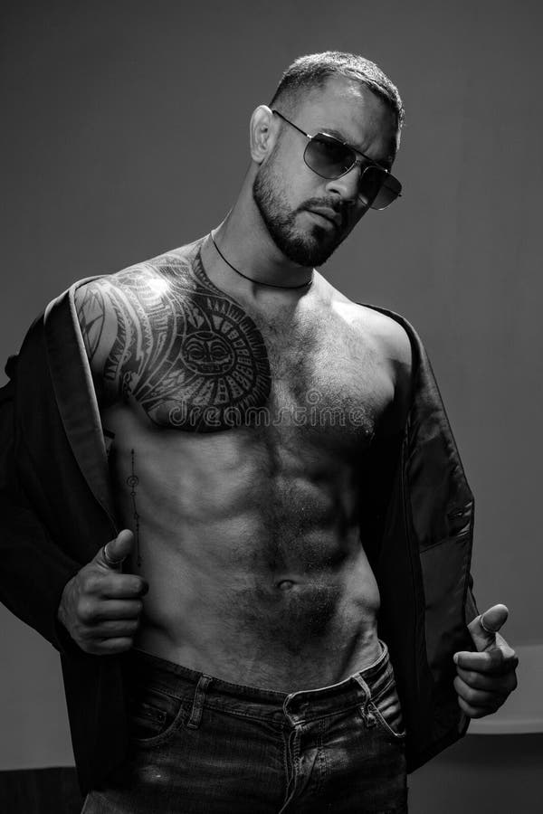 Undress Male Model Posing in Black Clothes Stock Photo Image of chest, builder 134171468
