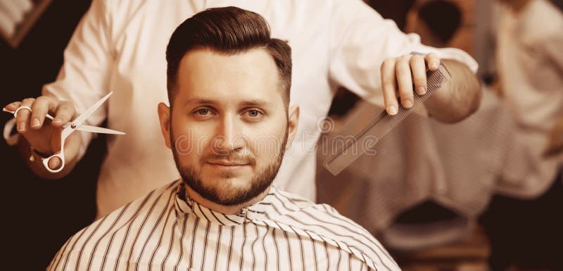 Man with Fashionable Haircut and Styling in Men Hair Salon, Free Space for  Text on Right Stock Image - Image of banner, indoors: 151758081