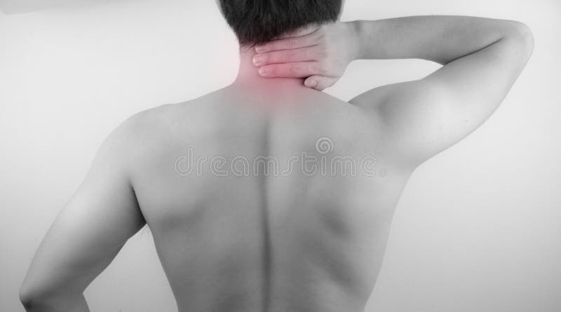 A man feeling exhausted and suffering from neck and shoulder pain and injury on white background. Healthcare and medical concept