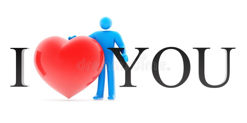 Man figure holding red heart and love words