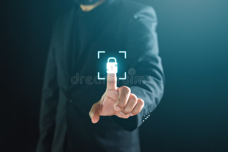 Man finger index touching digital key icon, login safety password information. stock photography
