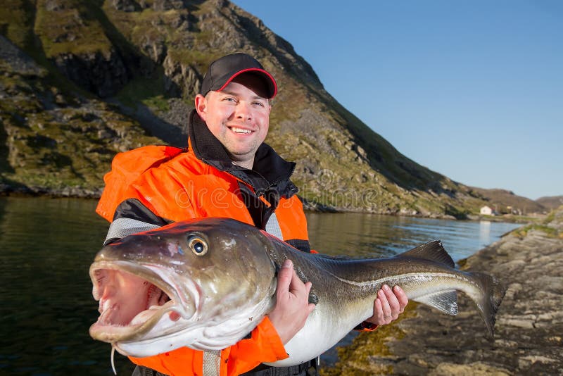 Man in a fisherman`s cap holding a big fish cod. Smiling