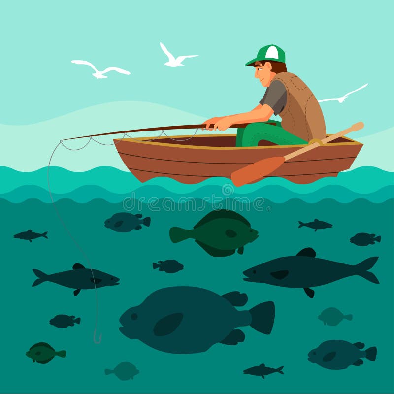 Man Fishing On The Boat. Lots Of Fish Stock Vector - Image ...
