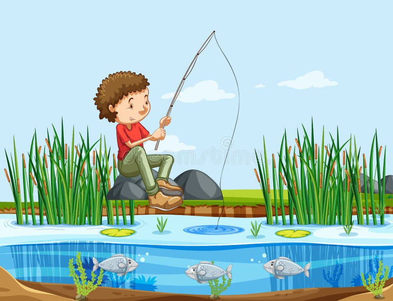 A man fishing at the lake stock illustration. Illustration of ...