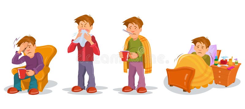 Man with Flu sickness in different poses . Sick people characters set. Sick person having cold. Ill man headache.