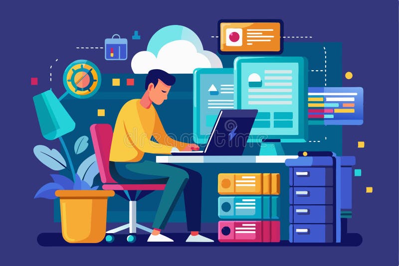 A man is focused on using a computer to handle data backup files in a colorful office setup, man with computer backup database big vector illustration