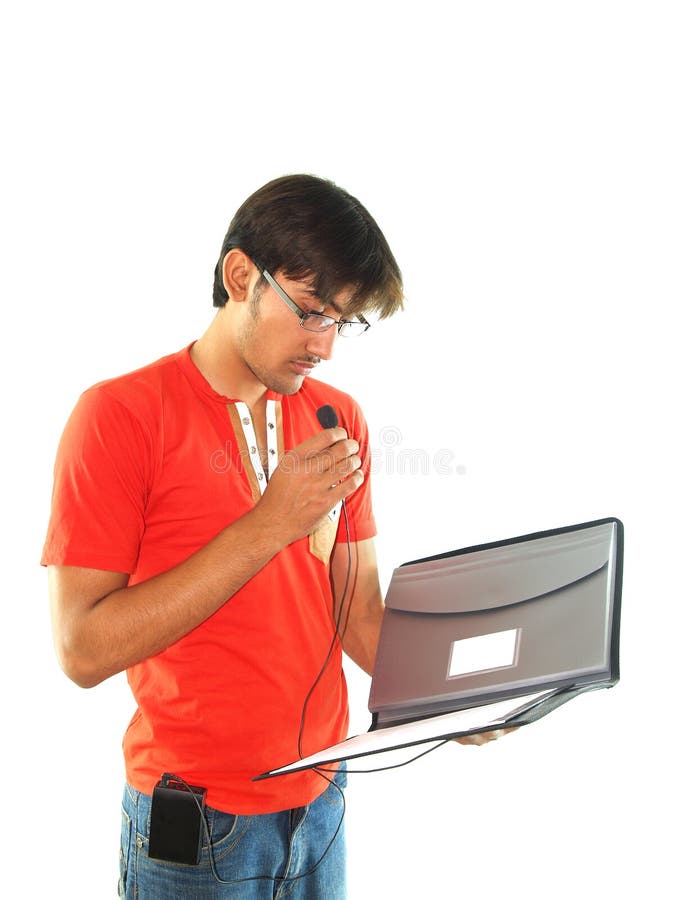 A young man holding a folder, talking to a wireless microphone, isolated on white background. A young man holding a folder, talking to a wireless microphone, isolated on white background.