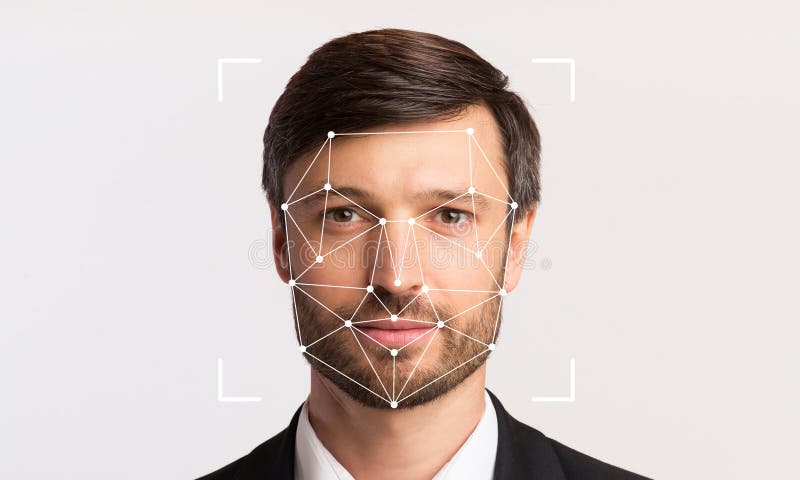 Facial recognition technology showcased with individual in formal attire stock photography