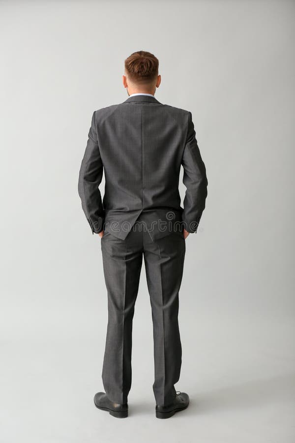 Man in Formal Clothes on Grey Background, Back View Stock Image - Image ...