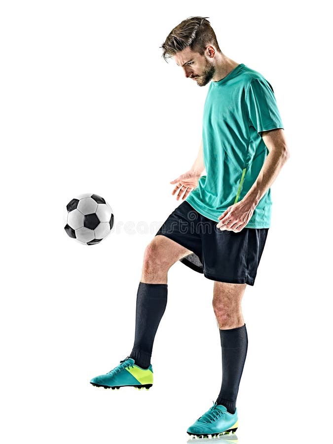 Man för fotbollspelare som jungling isolerad vit bakgrund arkivfoto Man för fotbollspelare som jungling isolerad vit bakgrund arkivfoto