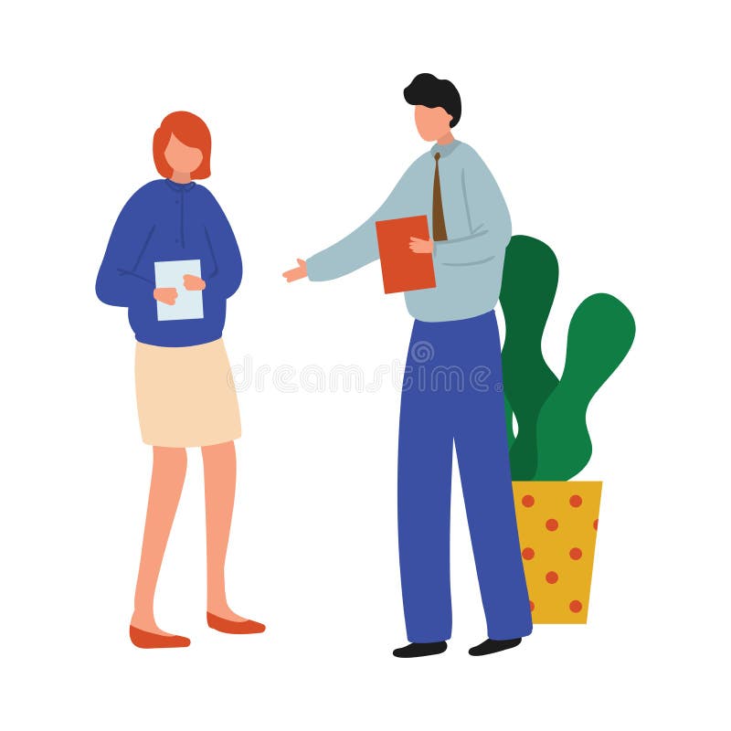 Man för kontorschef i blå skjorta att ge sig till nya dokument för sekreterare stock illustrationer Man för kontorschef i blå skjorta att ge sig till nya dokument för sekreterare stock illustrationer