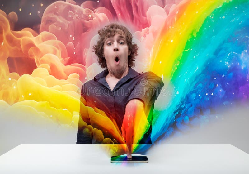 Man gasps as colors burst from smartphone royalty free stock photos