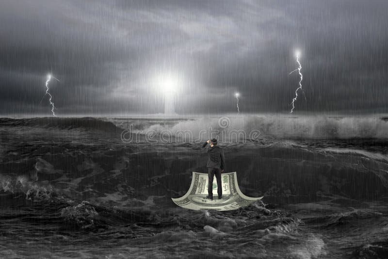 Man gazing lighthouse on money boat in ocean with storm
