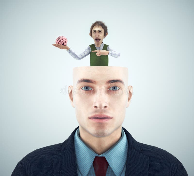 Man Gets Out of Half Human Head Holding a Brain Stock Illustration ...