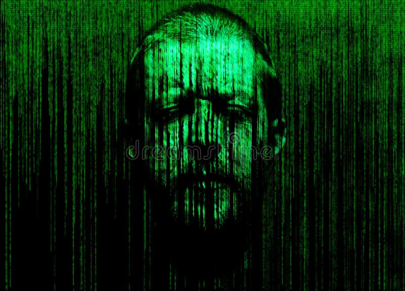 Abstract man's face with eyes closed, immersed in a matrix of binary code. Abstract man's face with eyes closed, immersed in a matrix of binary code