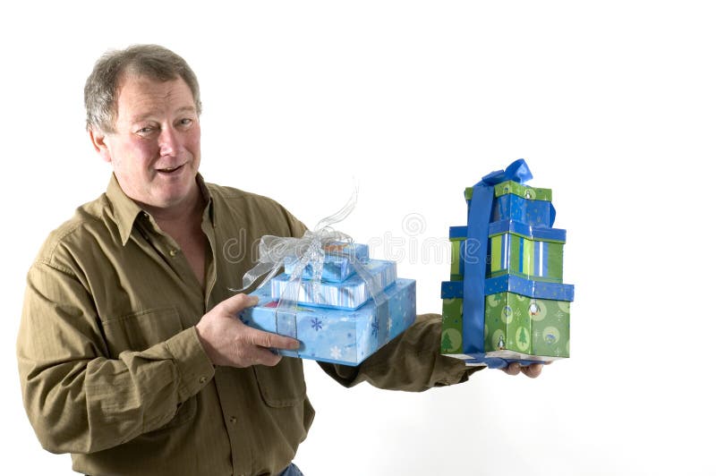 Smiling man with gifts wrapped in boxes