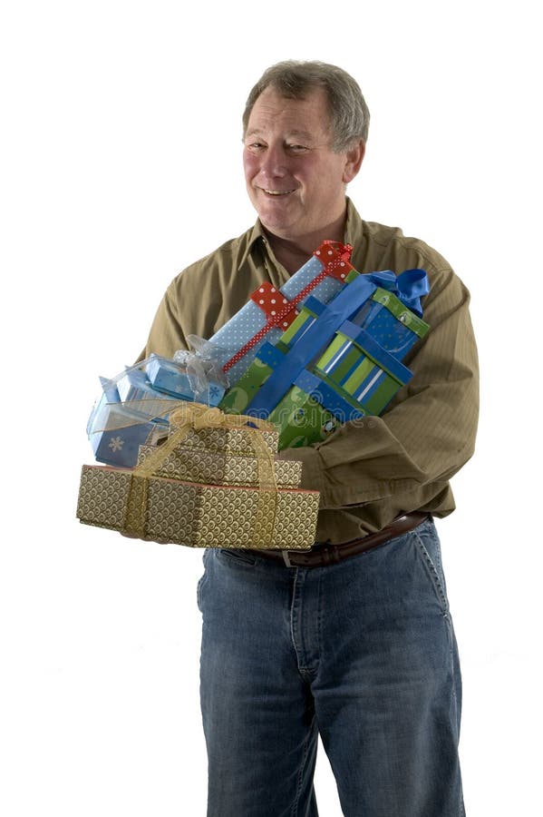 Smiling man with gifts wrapped in boxes