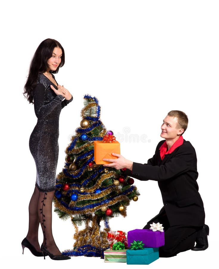 Man and the girl exchange gifts