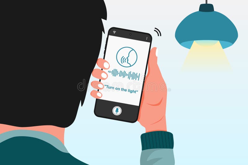 Man gives a voice command to a smart home application on his smartphone to turn on the light stock illustration