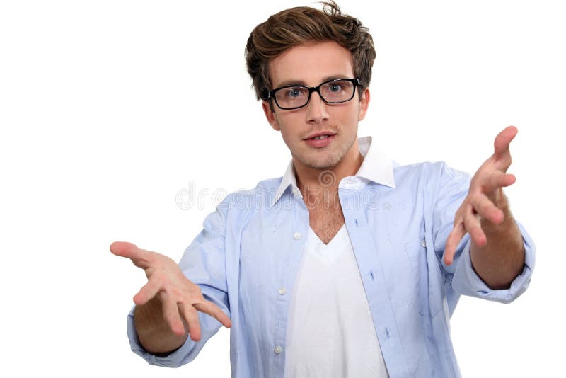 Man with glasses explaining stock photos