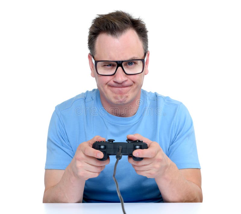 Man In Glasses With A Joystick Playing In Game, Isolated On White