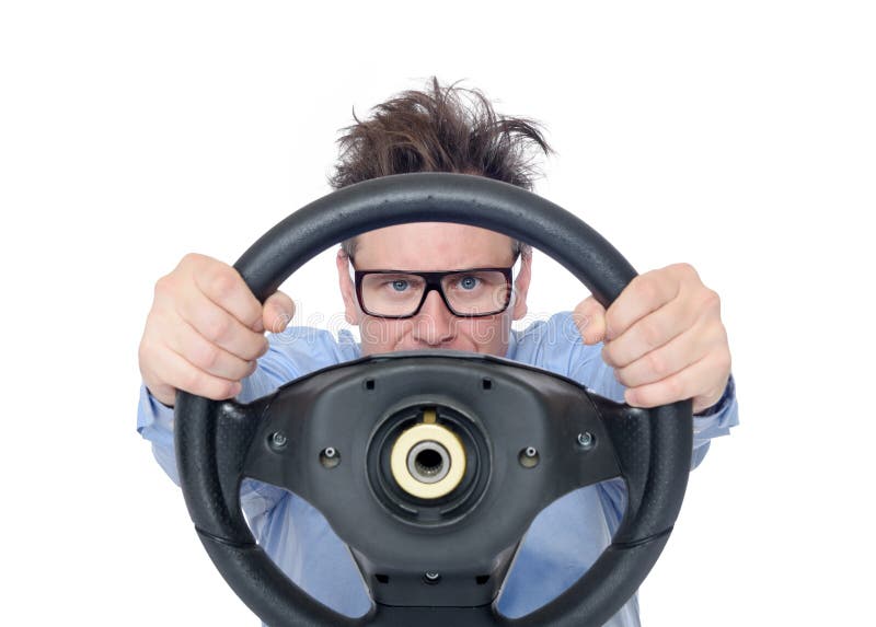 Man in glasses with a steering wheel, front view. Isolated on white background. Driver car concept royalty free stock photos