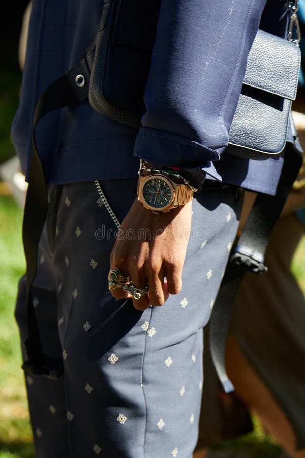 Man with Golden Seiko Chronograph Watch and Blue Trousers and Jacket before  Fendi Fashion Show, Editorial Stock Photo - Image of show, street: 194262553