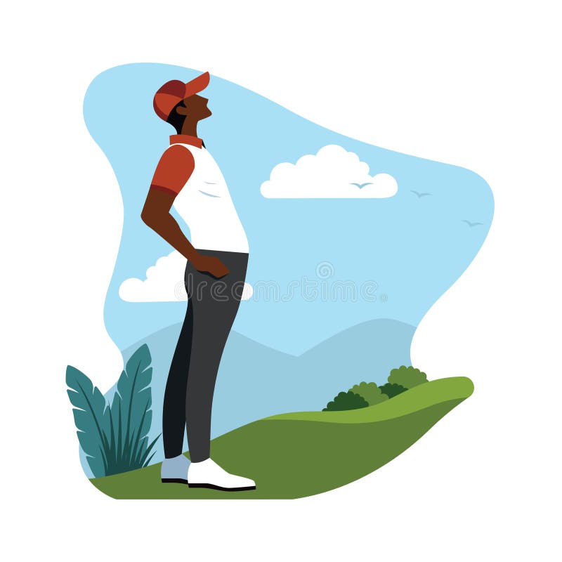 Man Golfer Player Character Wearing Cap Standing on the Golf Field stock illustration