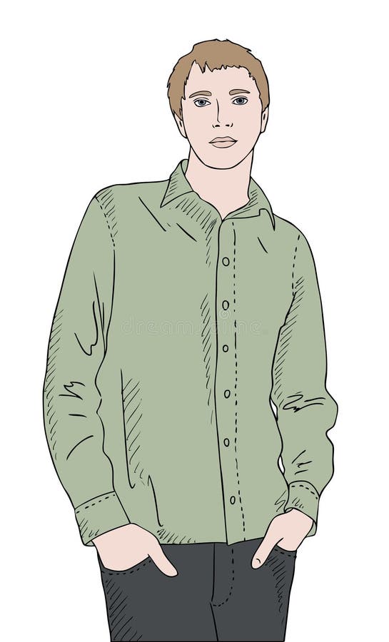 Man in green shirt, hands in pockets