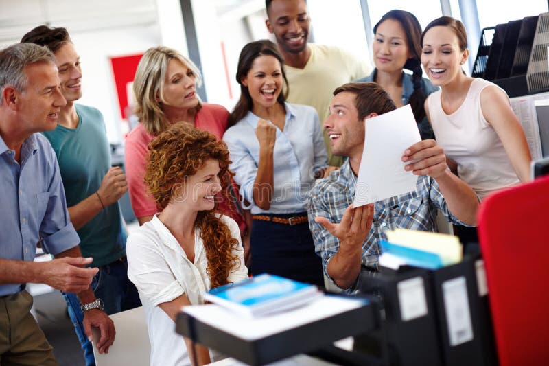 Man, group and celebration with document in office for goals, success and profit at media company. Person, excited team stock images