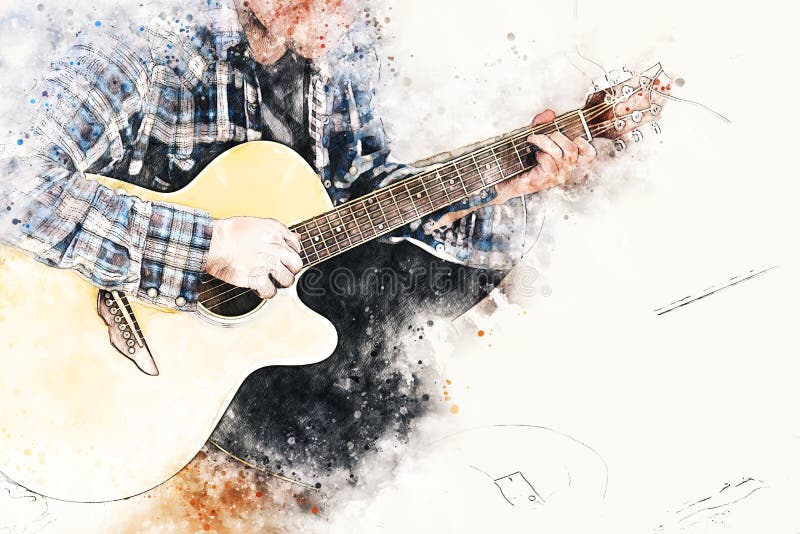 Man guitarist playing acoustic guitar in the foreground on Watercolor painting background and Digital illustration brush to art. Abstract man guitarist playing stock images Man guitarist playing acoustic guitar in the foreground on Watercolor painting background and Digital illustration brush to art. Abstract man guitarist playing stock images