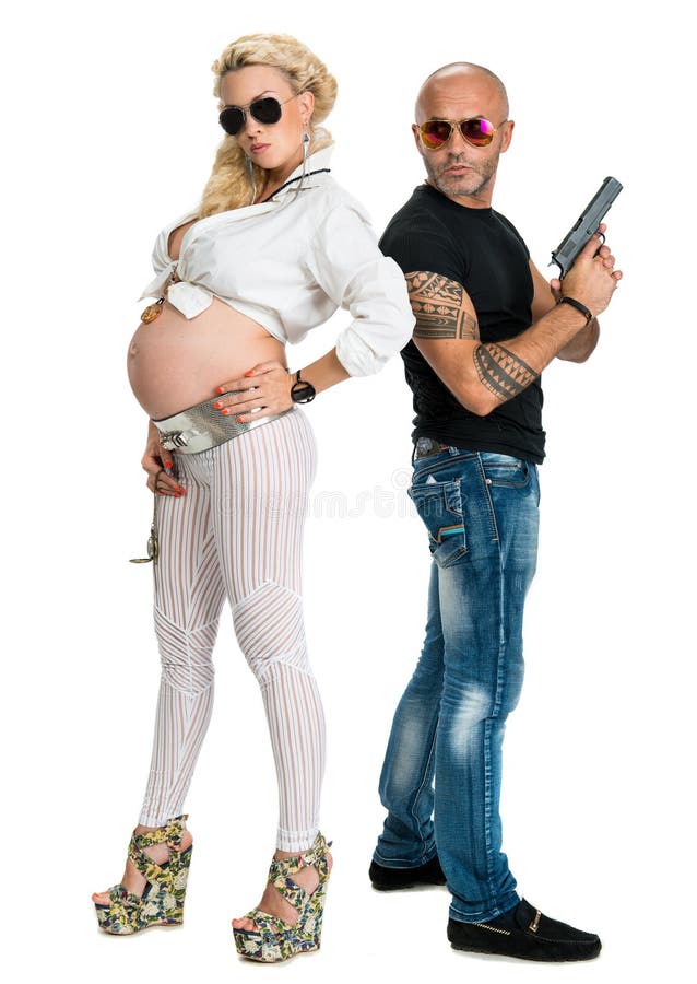 Man with a gun and pregnant woman