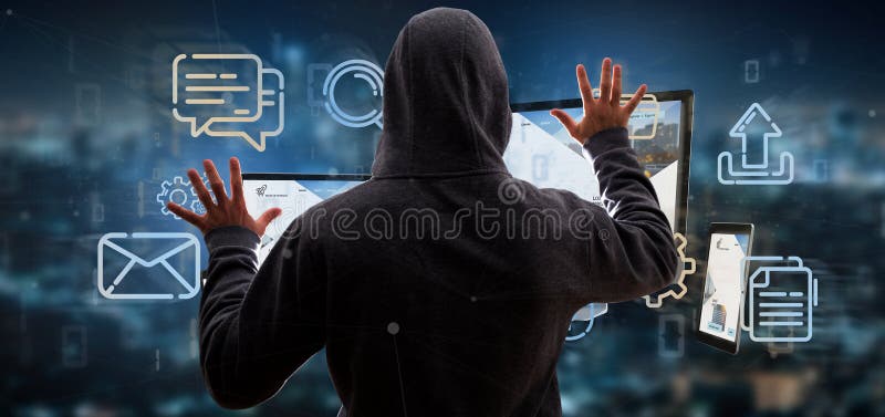 Man hacking a devices connected to a cloud multimedia network 3d rendering stock photos