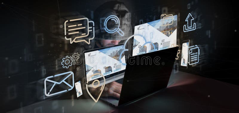 Man hacking a devices connected to a cloud multimedia network 3d rendering stock photos
