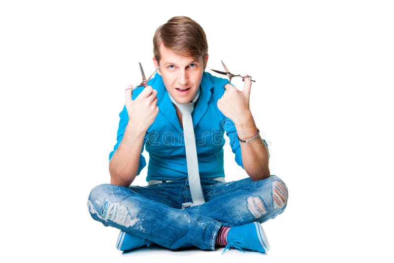 Man hairdresser wearing blue